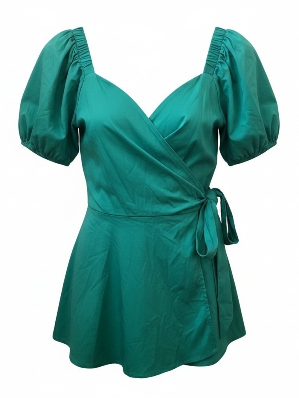 New York & Company Teal Wrap Peplum Top with Puff Sleeves - M